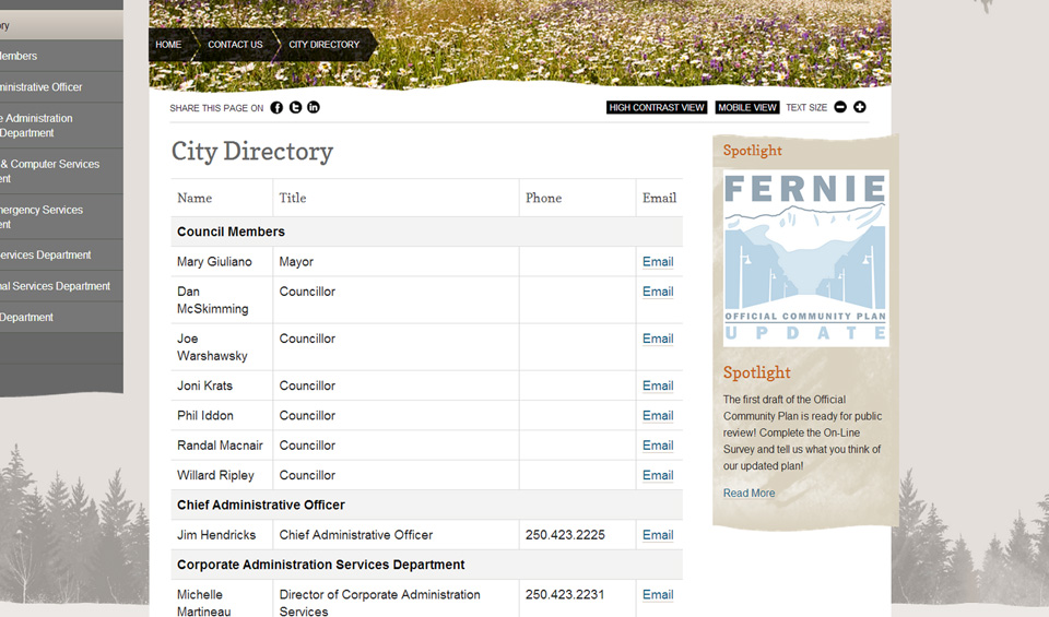 City of Fernie staff directory page screenshot