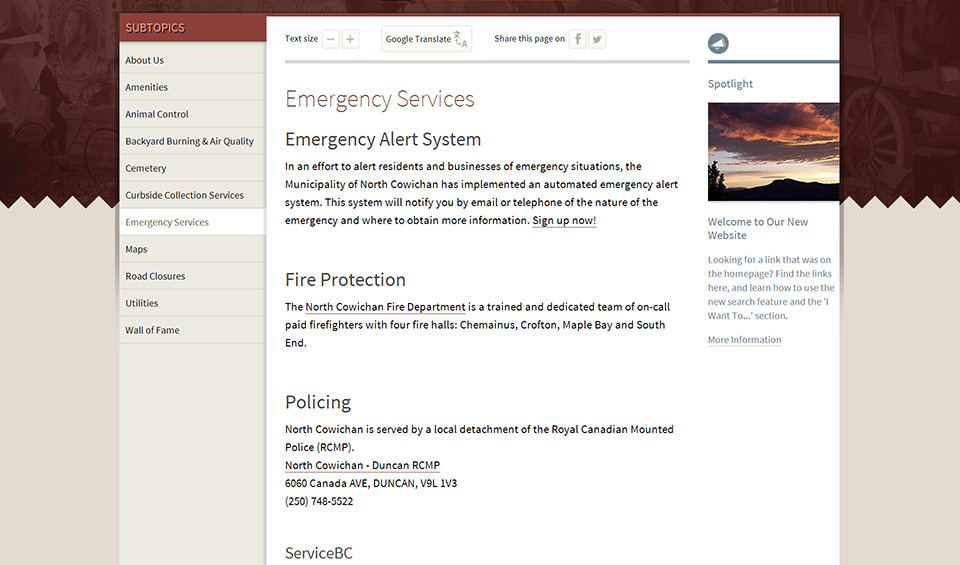 North Cowichan emergency-services page screenshot
