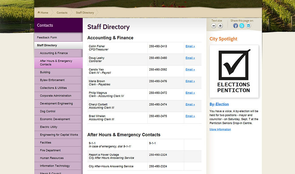Penticton staff directory page screenshot