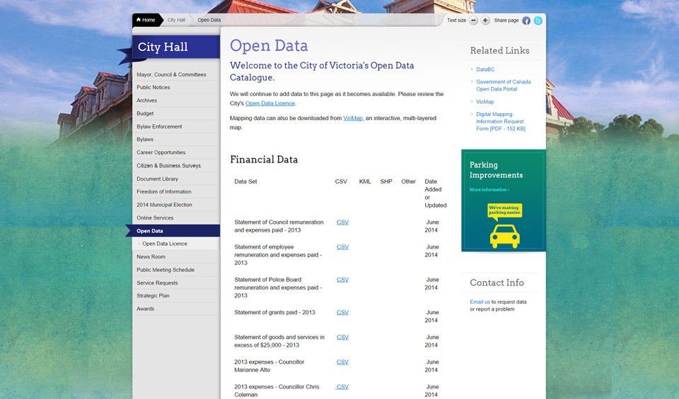 Victoria open data page screenshot